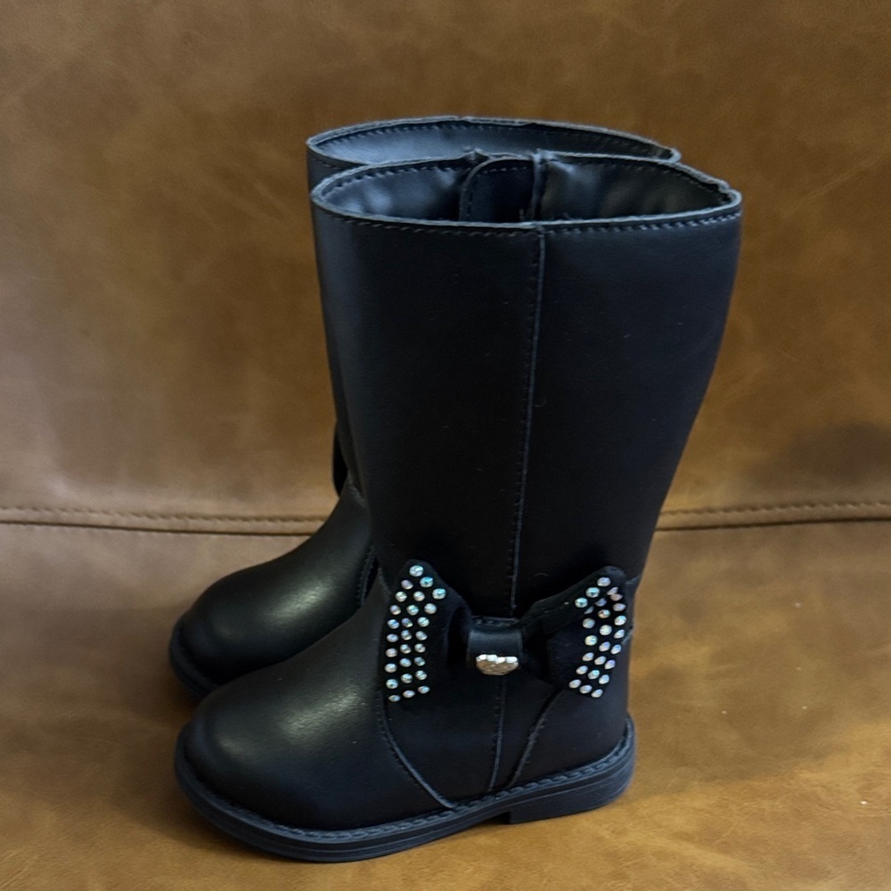Jessica Simpson Toddler Girl Tall Black Boots with Rhinestone Bow - Picture 3 of 8